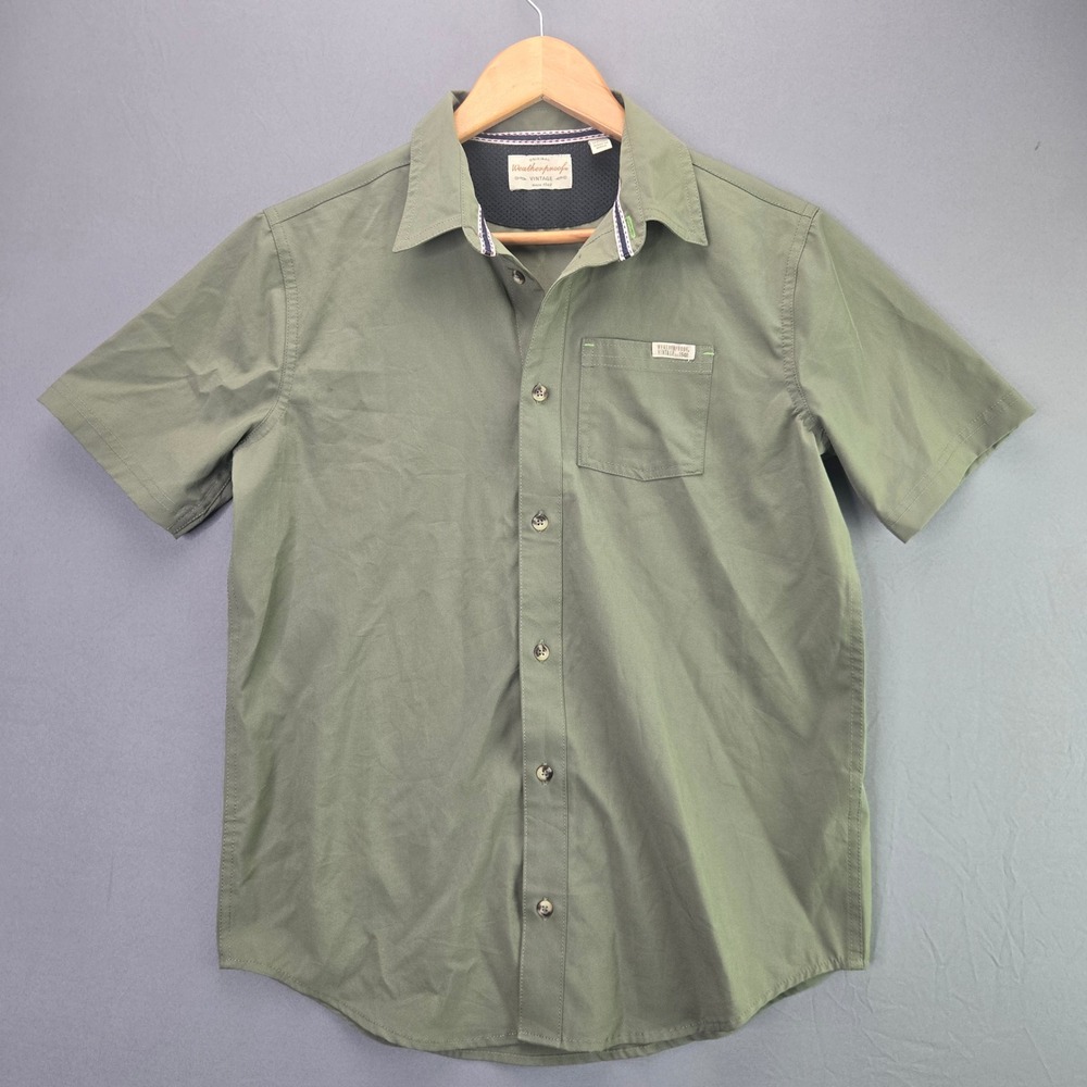 Weatherproof Vintage Button Up Shirt Boys L 14/16 Green Short Sleeve Pocket SEO